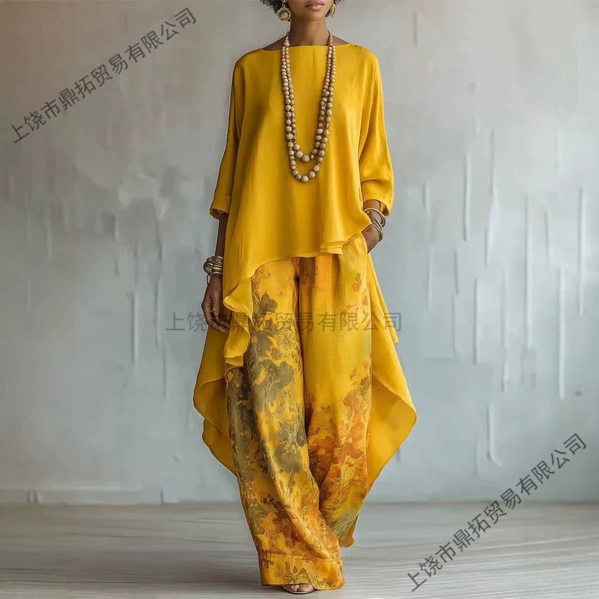 Spring and summer European and American clothing Amazon independent station spring and summer new printed wide-leg pants suit for women four seasons 3D printing