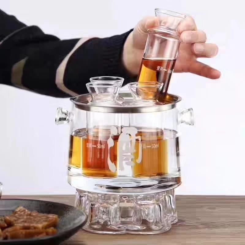Heat-Resistant Glass Home Wine Warmer, Yellow Rice Wine Dispenser, White Spirit Heating Jug, Japanese-style Sake Set