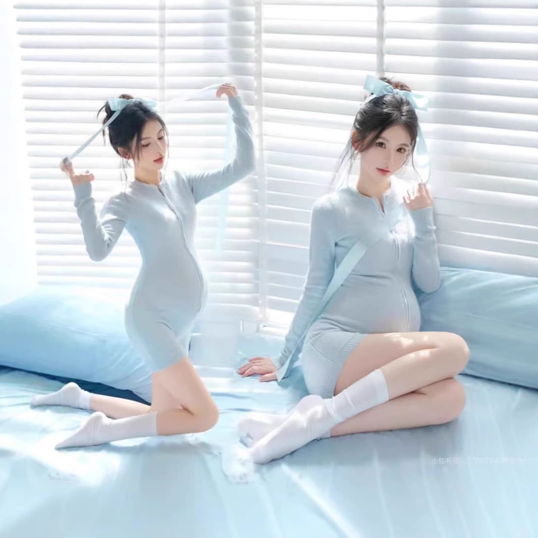 Photo shoot maternity wear blue pregnant mother long-sleeved jumpsuit slim sexy jumpsuit shorts photo studio clothing