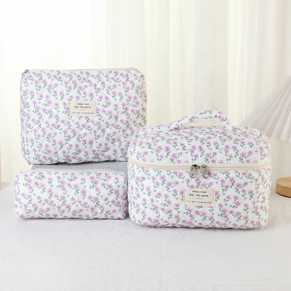 Floral Polyester-Cotton Upright Makeup Bag Large Capacity Compartment Portable Cosmetic Storage Bag Travel Handbag