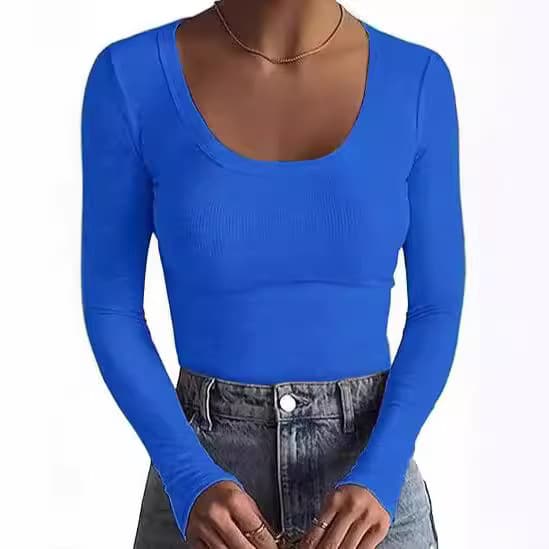 2024 New Cross-Border Women's T-Shirt AliExpress Basic Ribbed Round Neck Long Sleeve Sexy Slim Fit Women's Top T