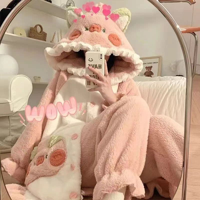 Capybara Robe Coral Fleece Winter Women's Pajamas Thickened Warm Student Plus Size Winter Bathrobe
