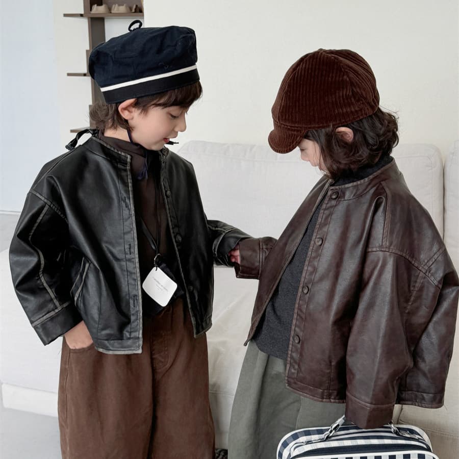 Jiaye Children's Products 2025 Autumn New Style Color-Brushed Leather Jacket for Boys and Girls - Mori Girl Style Motorcycle Jacket