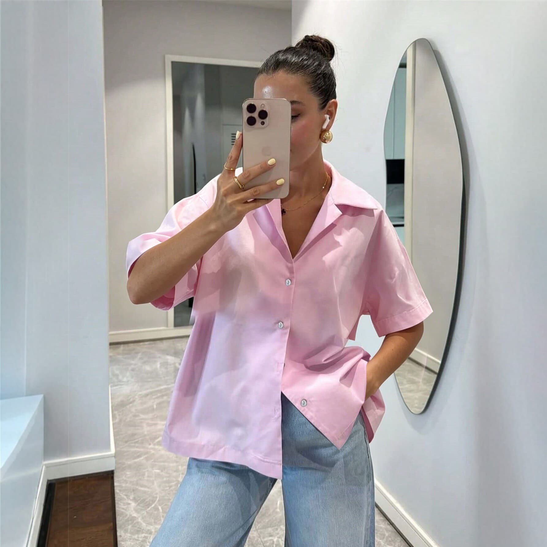 2026 New Pink Short Sleeve Shirt for Women Loose French Style Casual Top Summer Button Cardigan Bestseller