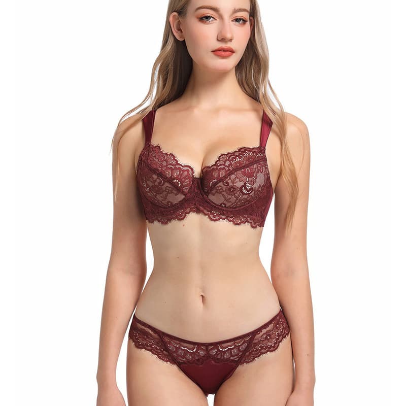 Cross-border French Lingerie Women's Thin Cotton Eyelash Lace Bra Large Bust Minimizer Anti-Sagging Plus Size Underwear Set