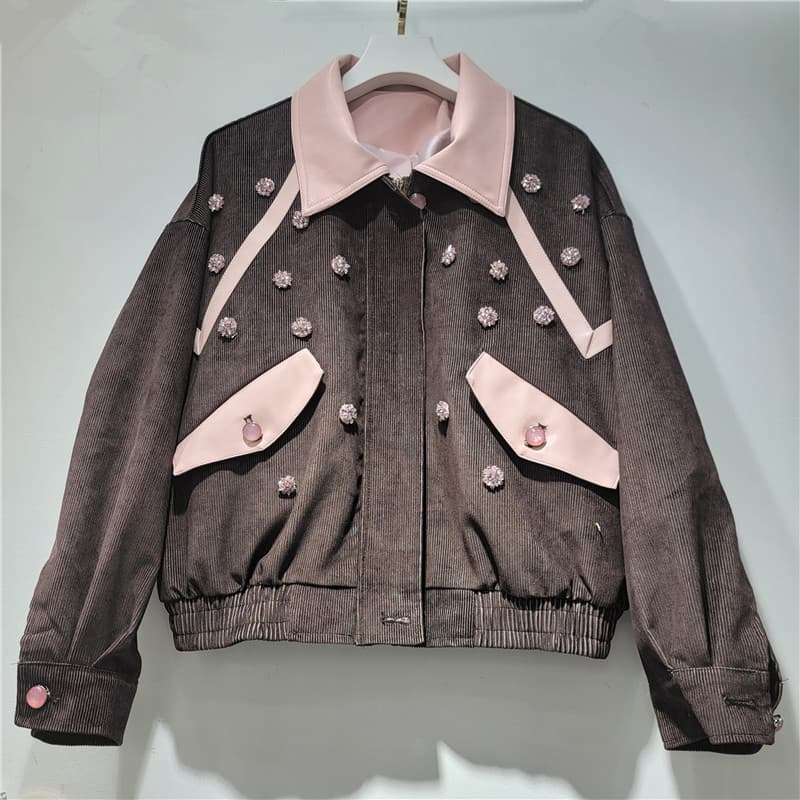 Trendy Retro Contrast Color Patchwork Gray Corduroy Jacket for Women 2026 Spring Autumn New Arrival Petite Fashion Outerwear