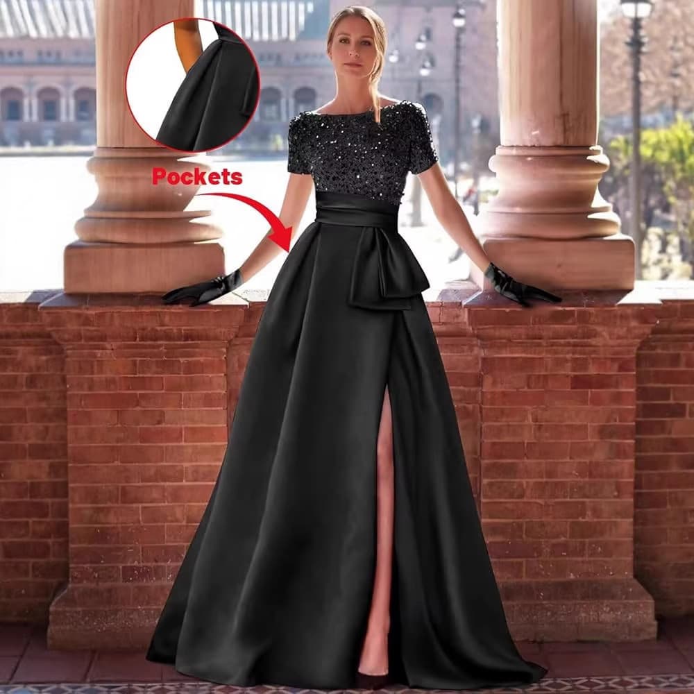 European and American Amazon New Sequined Long Gown Satin Slit A-Line Backless Ball Gown Evening Dress Long Dress