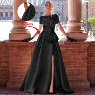 European and American Amazon New Sequin Long Dress Satin Slit A-line Backless Prom Banquet Evening Gown