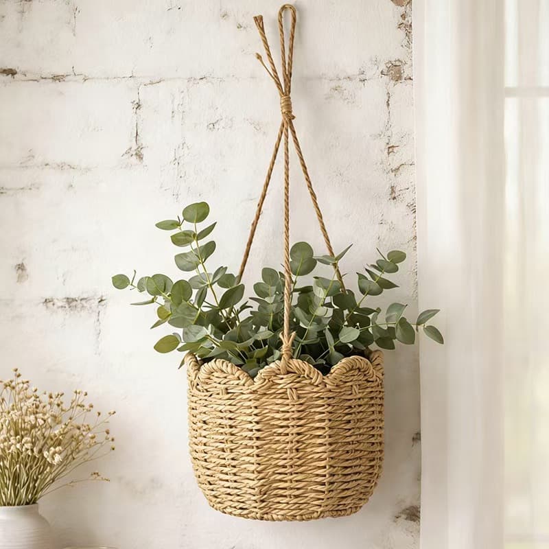 Rattan Wall Hanging Flower Basket Nordic Style Green Plant Hanging Decoration Basket Handwoven Storage Planter Flower Arrangement Basket