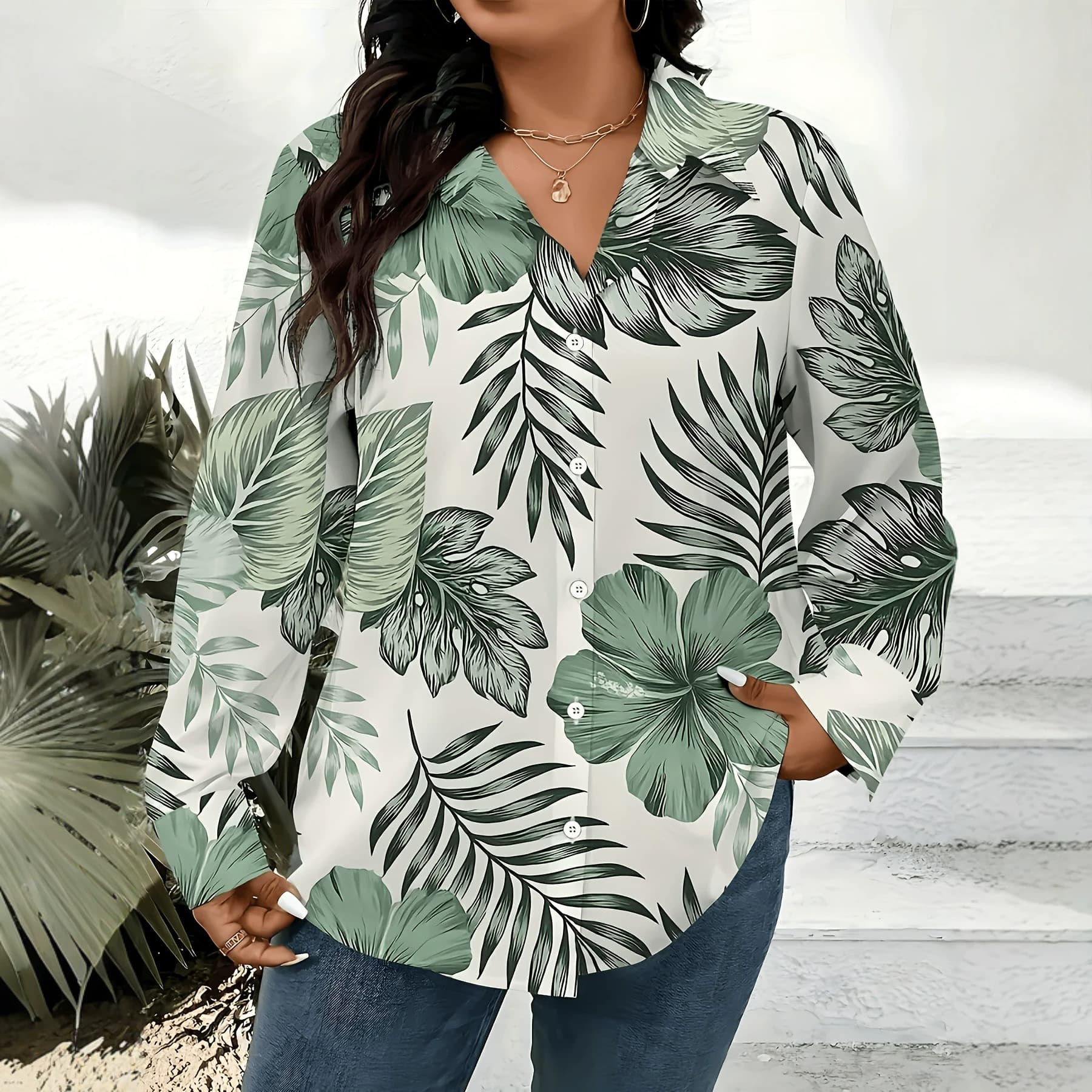 Amazon Cross-Border Plus Size Women's Long Sleeve T-Shirt with Botanical Print Shirt Elegant Fashion Blouse