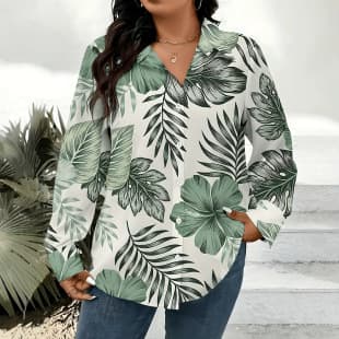 Amazon Cross-Border Plus Size Women's Long Sleeve T-Shirt with Botanical Print Shirt Elegant Fashion Blouse