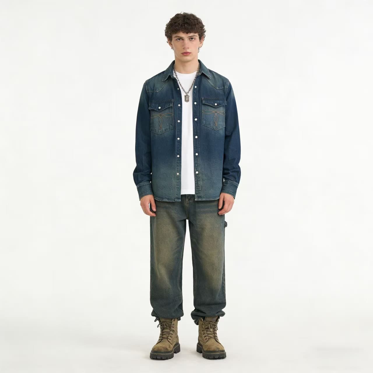 OKONKWO Amekaji American Retro Heavyweight Classic Pocket Flap Washed Denim Shirt Raw Denim Shirt