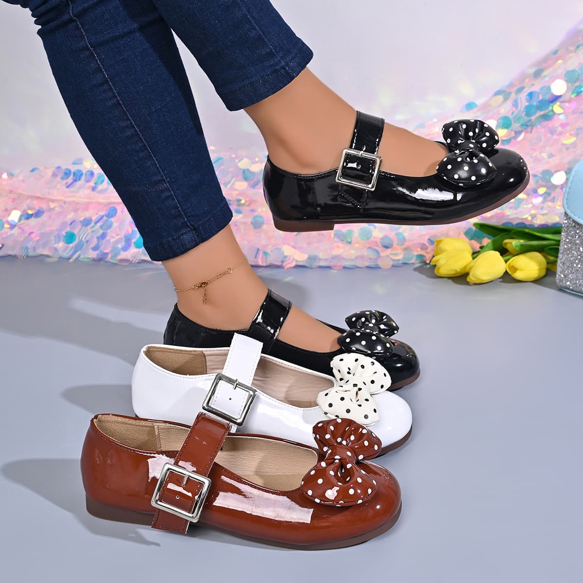 Cross-border Plus Size Spring/Summer New Bow Dot Mori Princess Shoes Soft Sole Buckle Strap Leather Fashion Flat Shoes for Women
