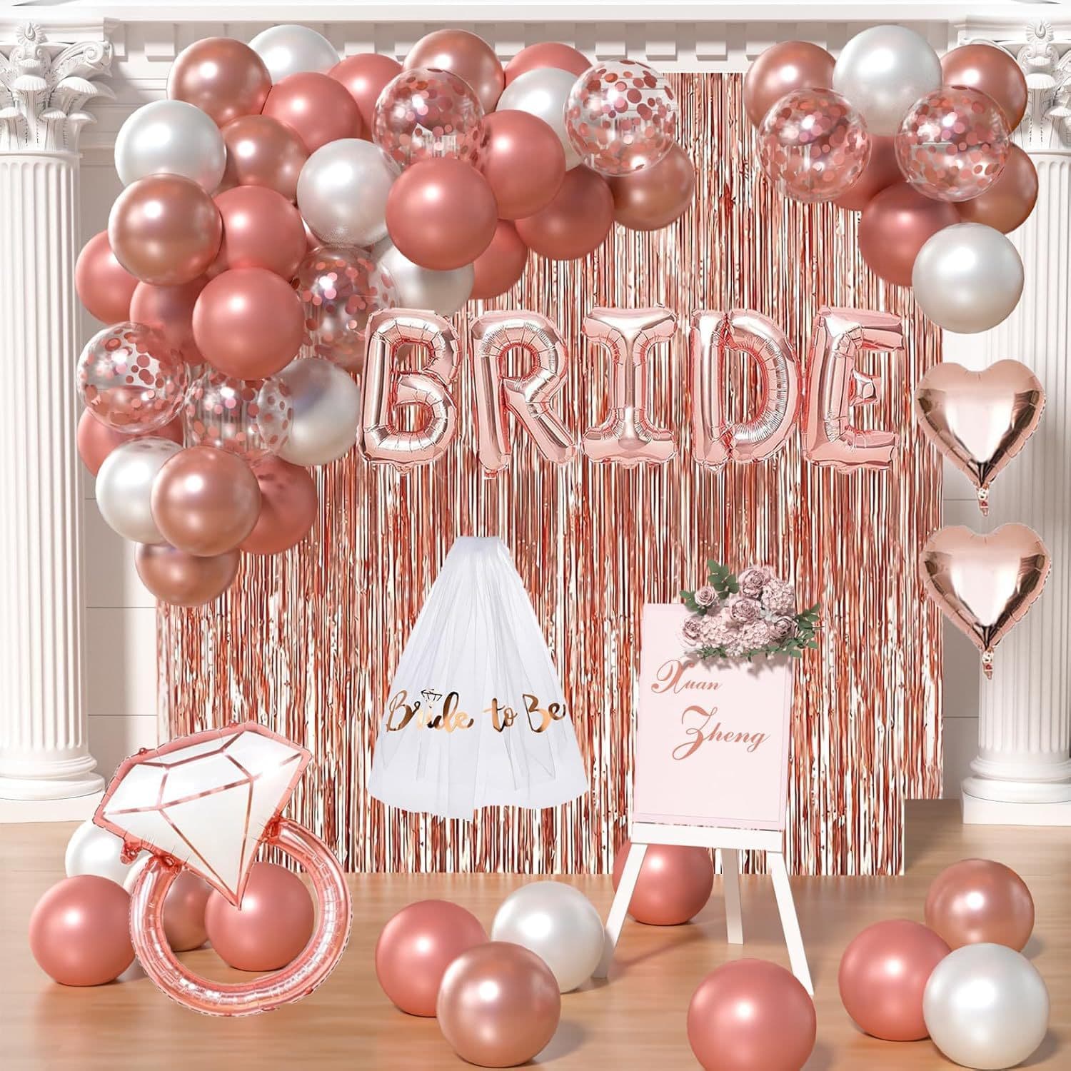 Bachelorette Party Decoration Bridal Shower Decoration Rose Gold White Balloon Love Heart Diamond Ring Set