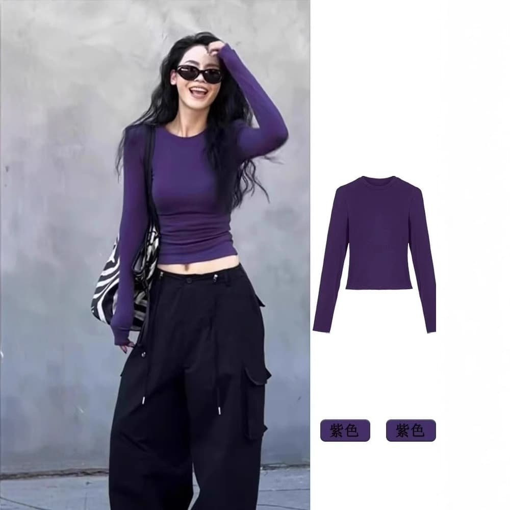 Regular Shoulder Round Neck Inner Layering Top for Women Early Autumn Korean Style Slim Fit Sexy Long Sleeve T-Shirt