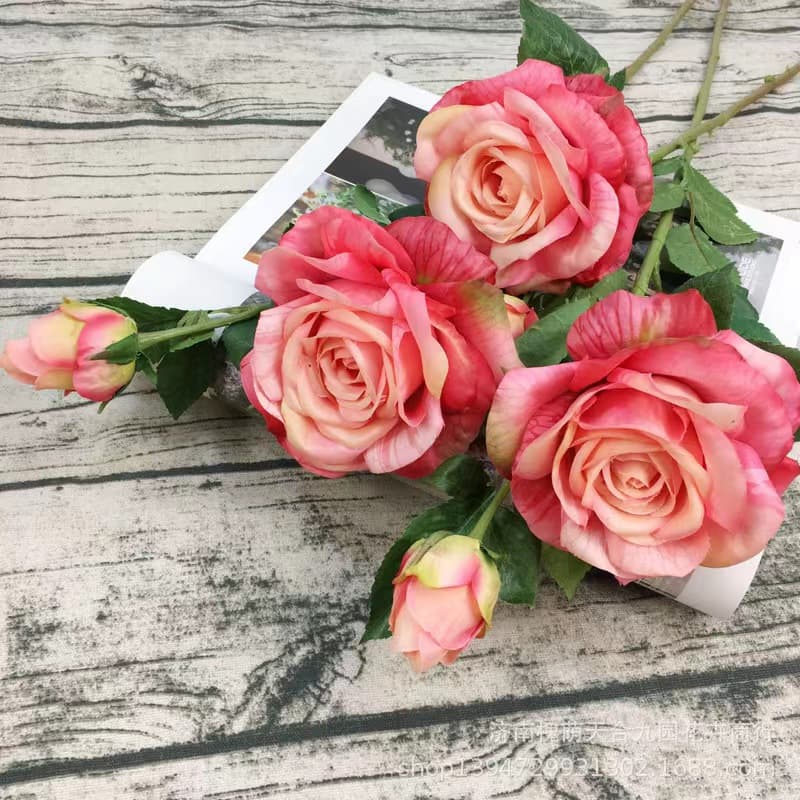 Year of the Horse Decorative Artificial Flowers for Living Room Dining Room Rose Ornaments Engagement Party Props 2-Head Touch Rose Simulation Flowers