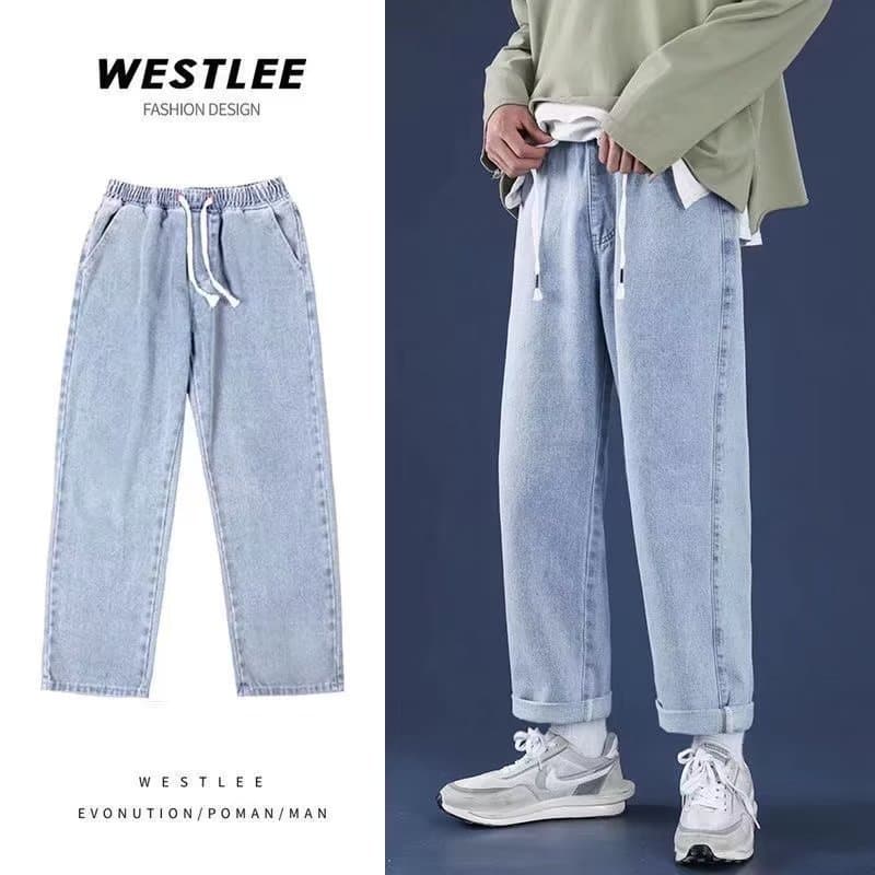 Men's Loose Wide-Leg Casual Jeans, Korean Style, Elastic Waist, Straight Leg, Versatile Pants