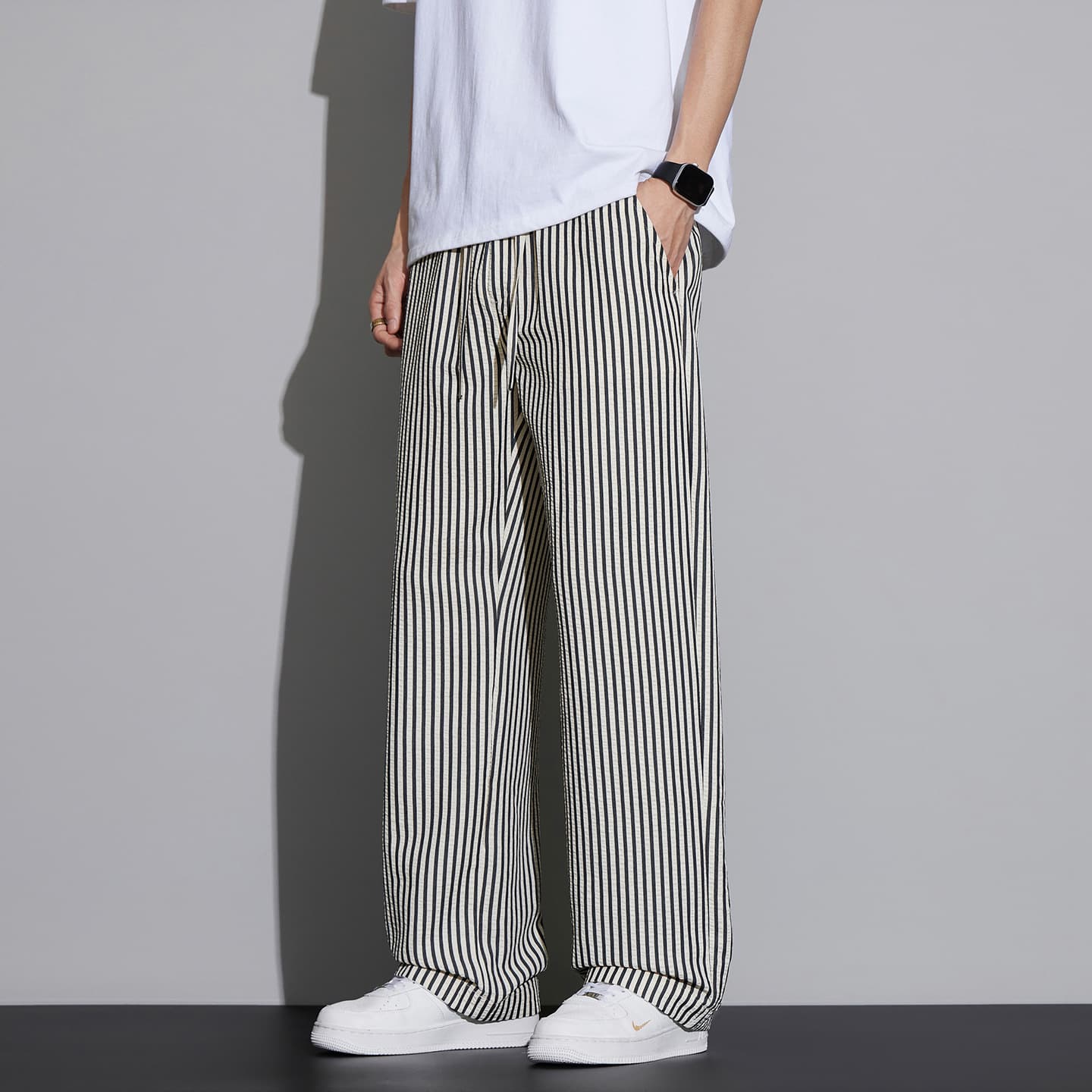 2026 summer new niche striped casual pants men's trendy brand loose straight drape sports casual pants for men