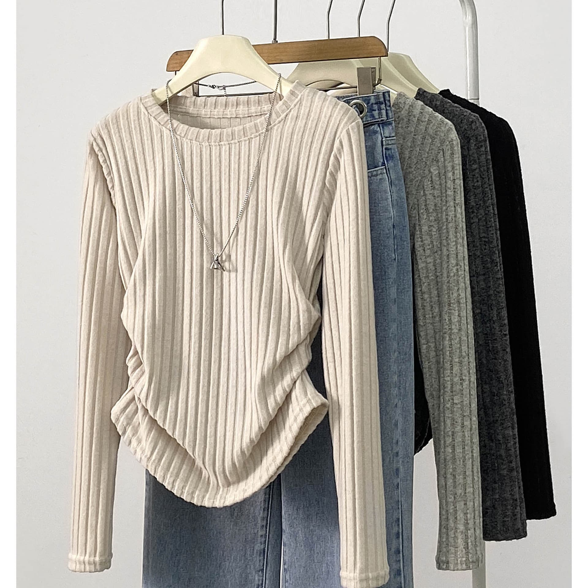555 Round Neck Crinkle Base Layer Women's Autumn/Winter New Warm Sweater Slim Vertical Stripe Knit Long-Sleeve Top T-Shirt