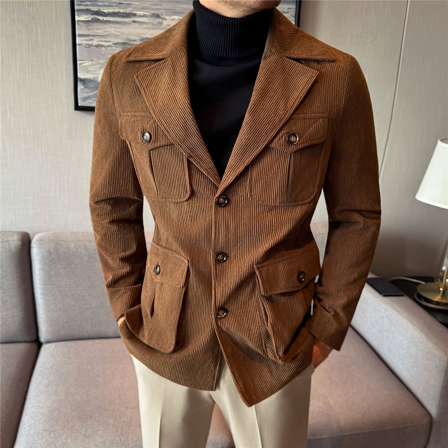 Luxury 2025 Winter New Men's Corduroy Mid-Length Safari Jacket Men's Thick Suit Collar Fashion Coat