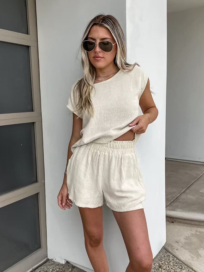 In Stock Cross-Border 2025 Summer Short Sleeve Cotton Linen Retro Fashion Casual Solid Color Top Drawstring Shorts Set