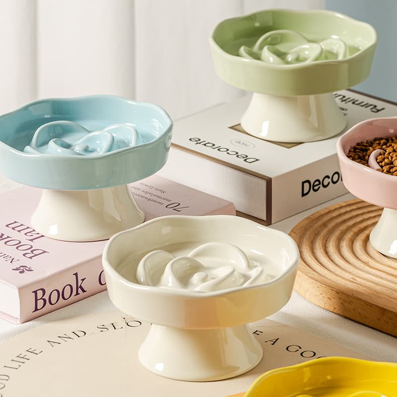 Ceramic Slow Feeding Bowl with Stand, Cat Bowl Neck Protection, Anti-Tip, Dog Anti-Choke Bowl, Pet Bowl Cross-Border Cat Food Slow Feeder
