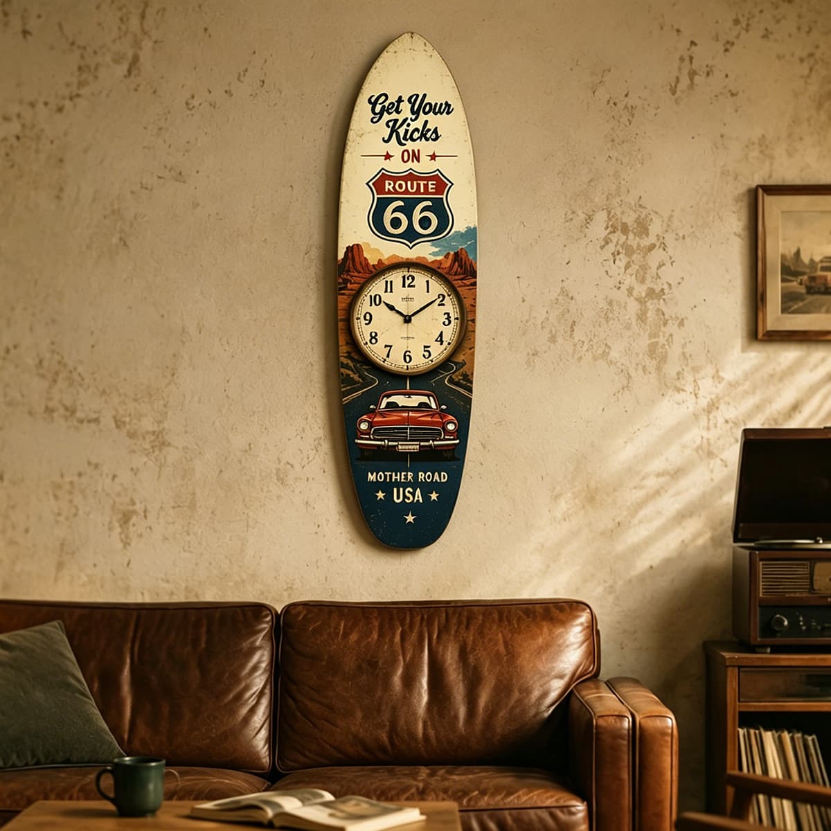 Surfboard shape decorative clock living room entrance background wall wooden clock American country retro decorative wall clock