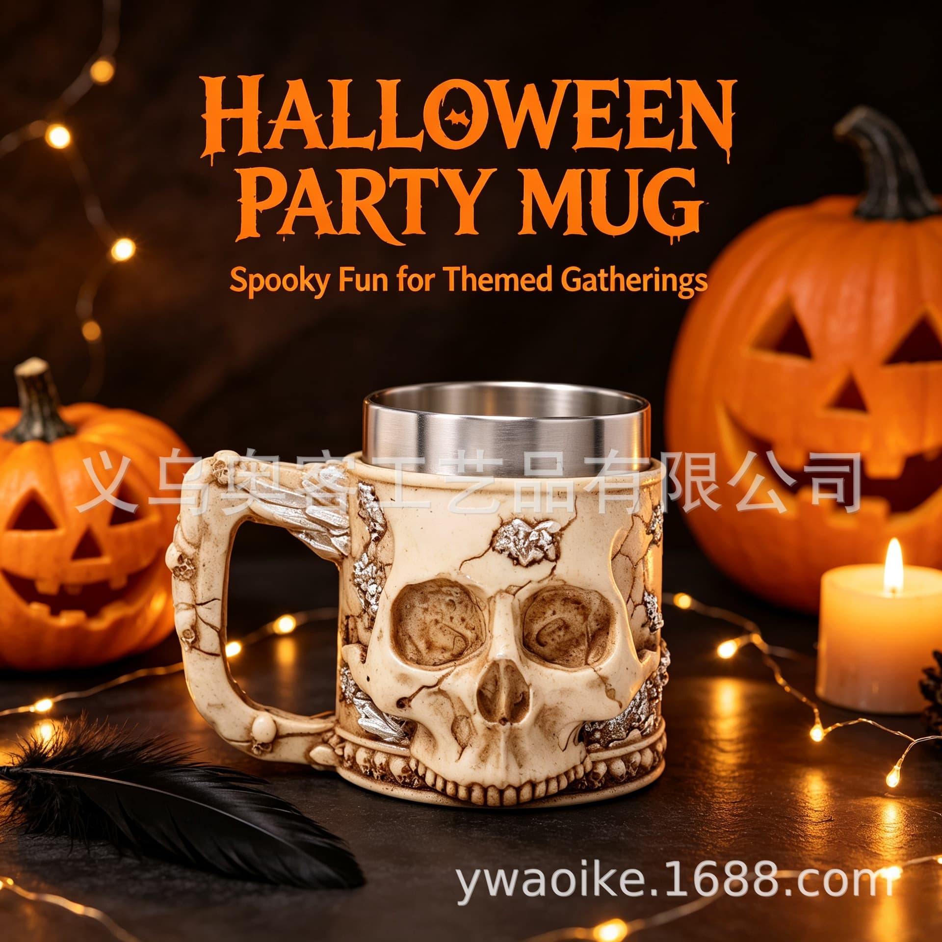 Creative New Resin Skull with Stainless Steel Head Beer Mug Coffee Cup Halloween Decoration