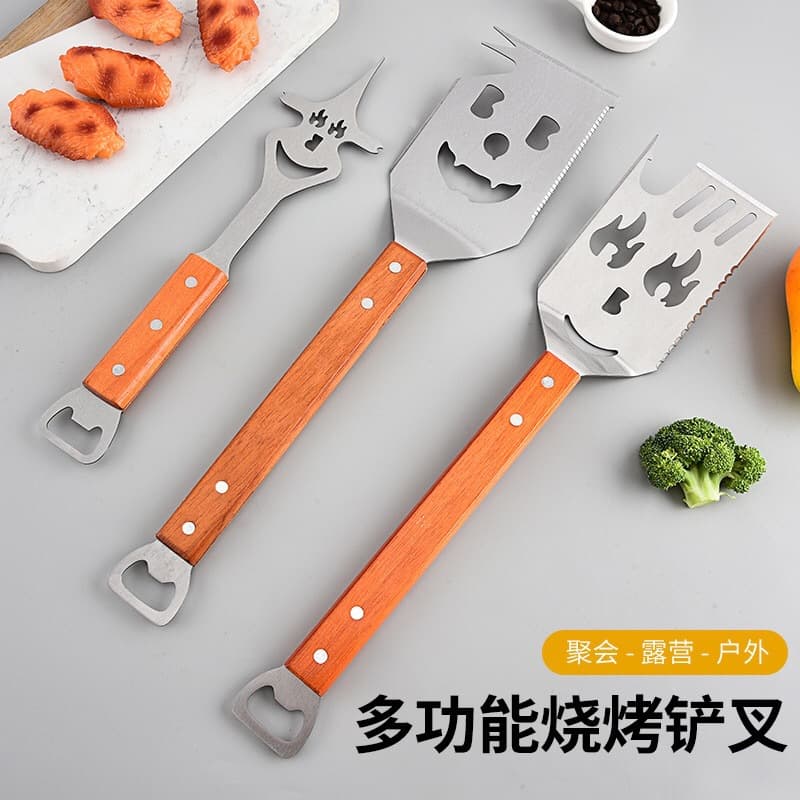 Wholesale Household Outdoor Barbecue Letter Spatula 2-in-1 Slotted Spatula BBQ Grilling Frying Spatula Wood Handle with Bottle Opener