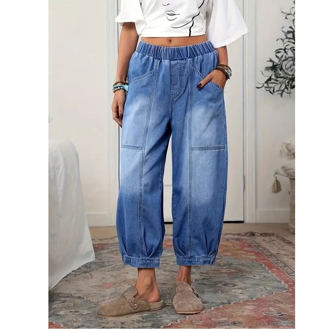 Wide-leg pants with elastic waistband, elongating effect, high-waist design, retro style, elegant casual women's jeans