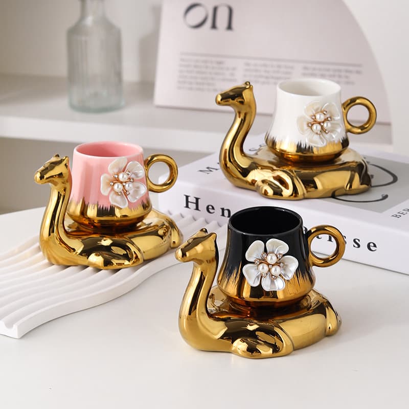 European Electroplated Coffee Cup & Saucer Set, 6 Cups & 6 Saucers, Creative Flower Camel Ceramic Cup & Saucer Set, Gift Household Cup & Saucer
