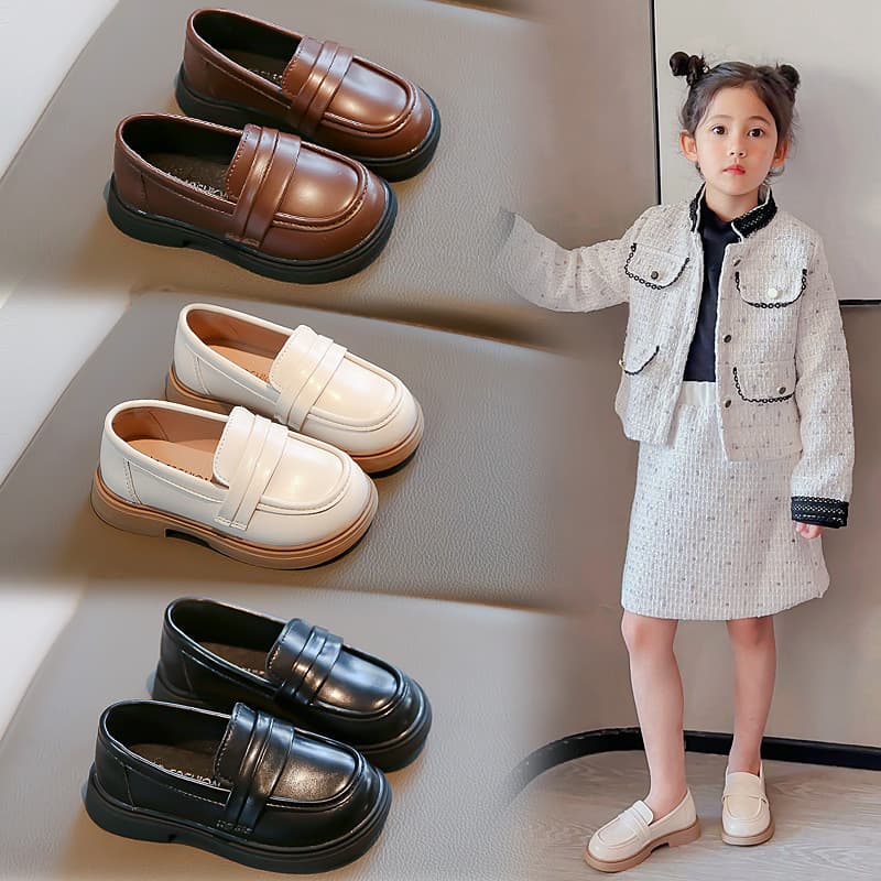 2024 Spring/Autumn New Girls' Leather Shoes, Children's Soft-Soled Princess Shoes, Black Student Slip-on Casual Loafers