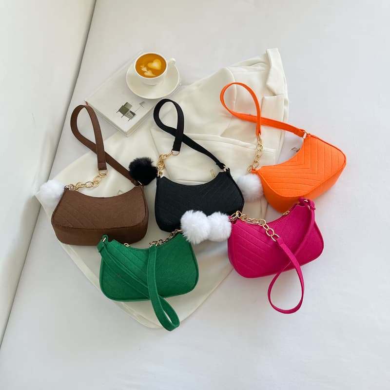 Foreign trade hot selling solid color plush ball armpit bag 2026 summer embossed felt crescent bag factory spot wholesale