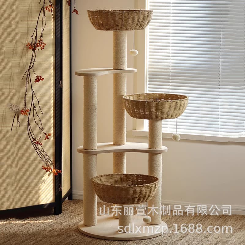Solid Wood Cat Climbing Tower with Integrated Cat Nest, Vertical Large Rattan Cat Tree with Woven Basket Cat Bed