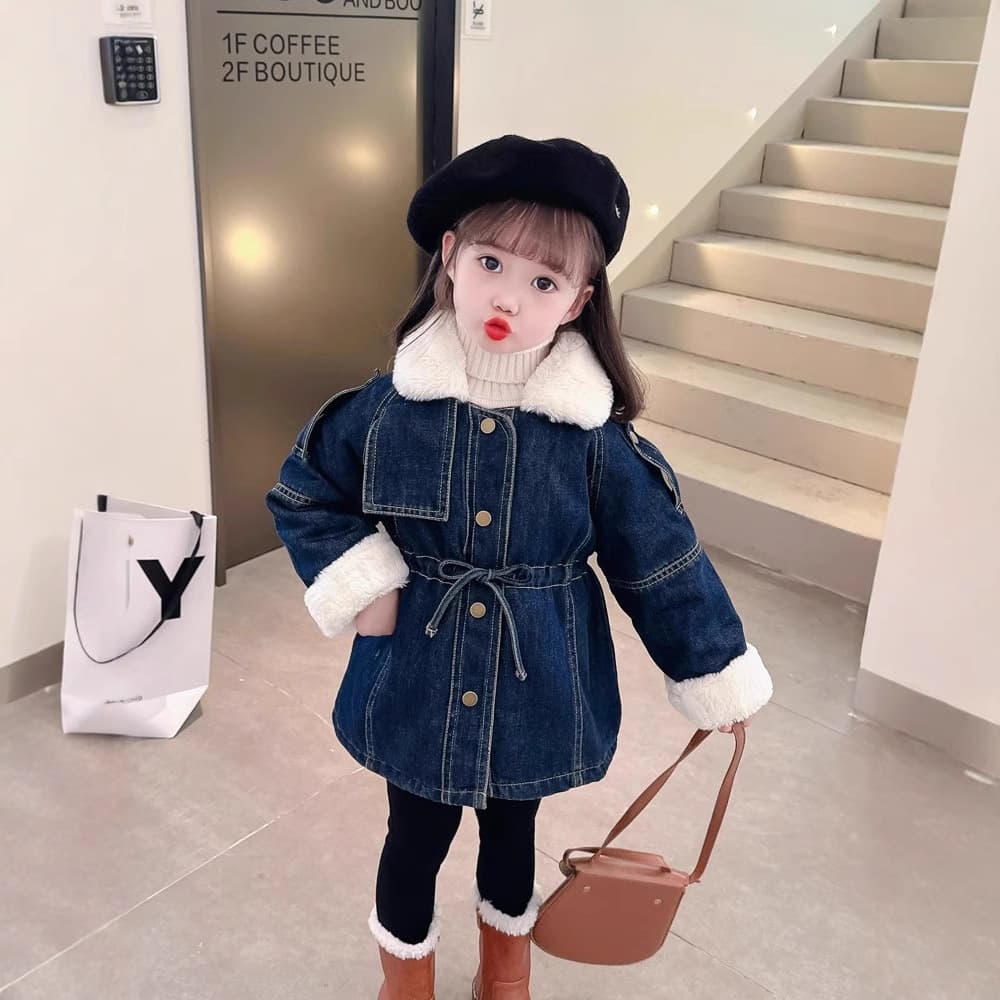 Girls' fleece-lined denim jacket, 2025 new style, fashionable and trendy, Korean style, winter wear for baby girls.