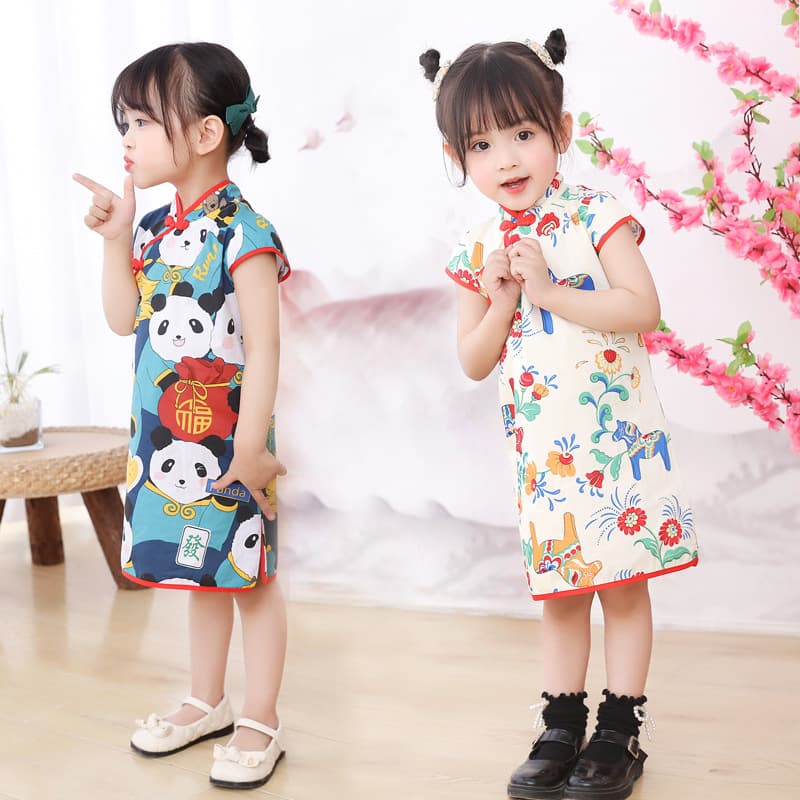 Tang Suit Ethnic Cheongsam Spring and Summer Dress Children's Han Dynasty Improved Children's Clothing Small and Medium-Sized Children's Princess Dress Short-Sleeved Children's Dress