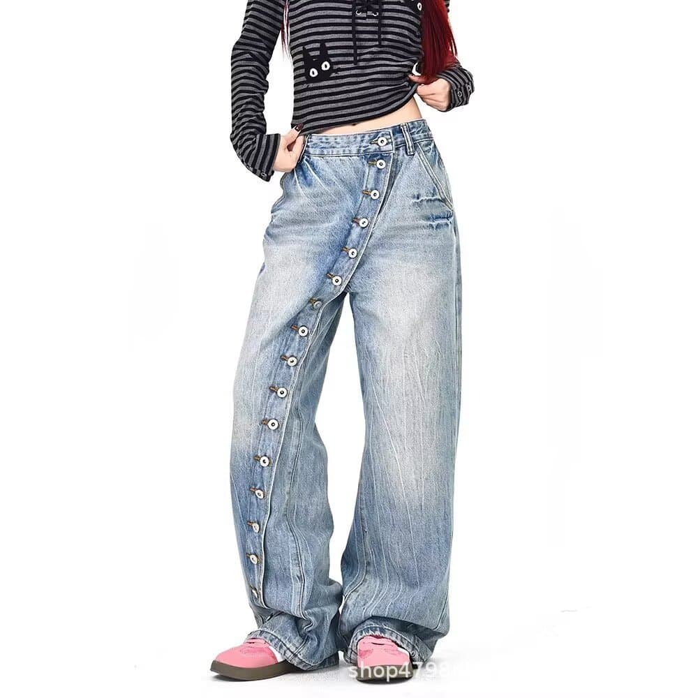 American Retro Washed Slant Door Button Straight Jeans Women's Design Niche Loose Casual Versatile Wide Leg Pants