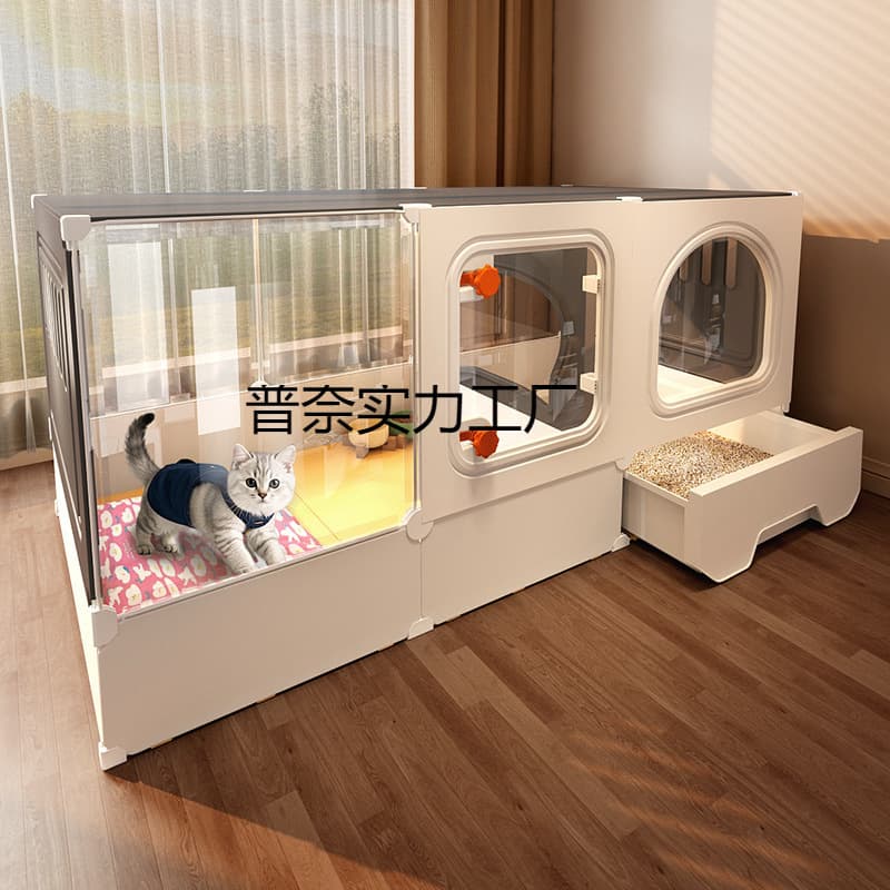 Raised Cat Villa with Integrated Litter Box, Cat House with One Room, One Hall, and One Bathroom, Small Household Cat Cabinet
