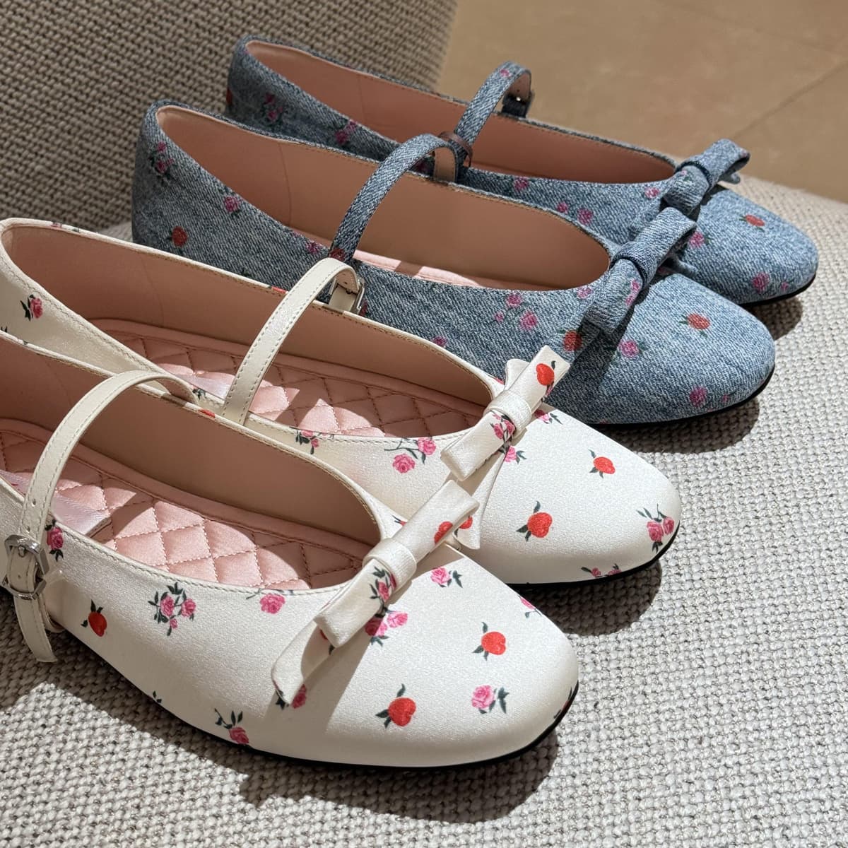 In Stock~2026 New Floral Bow One-Strap Flat Shoes Denim Design Shallow Mouth Korean Mary Jane Shoes