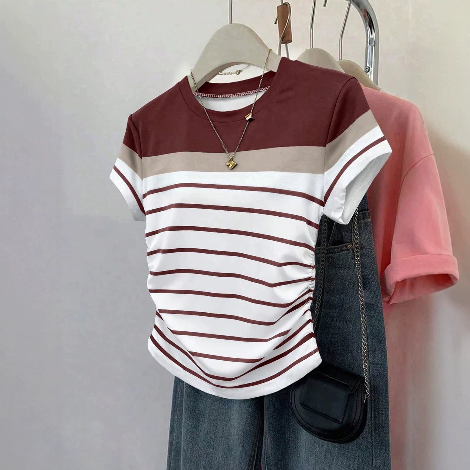 2026 Summer Amazon Hot-Selling Women's Pleated Short Slim-Fit Striped Print T-Shirt Cross-Border Foreign Trade Factory