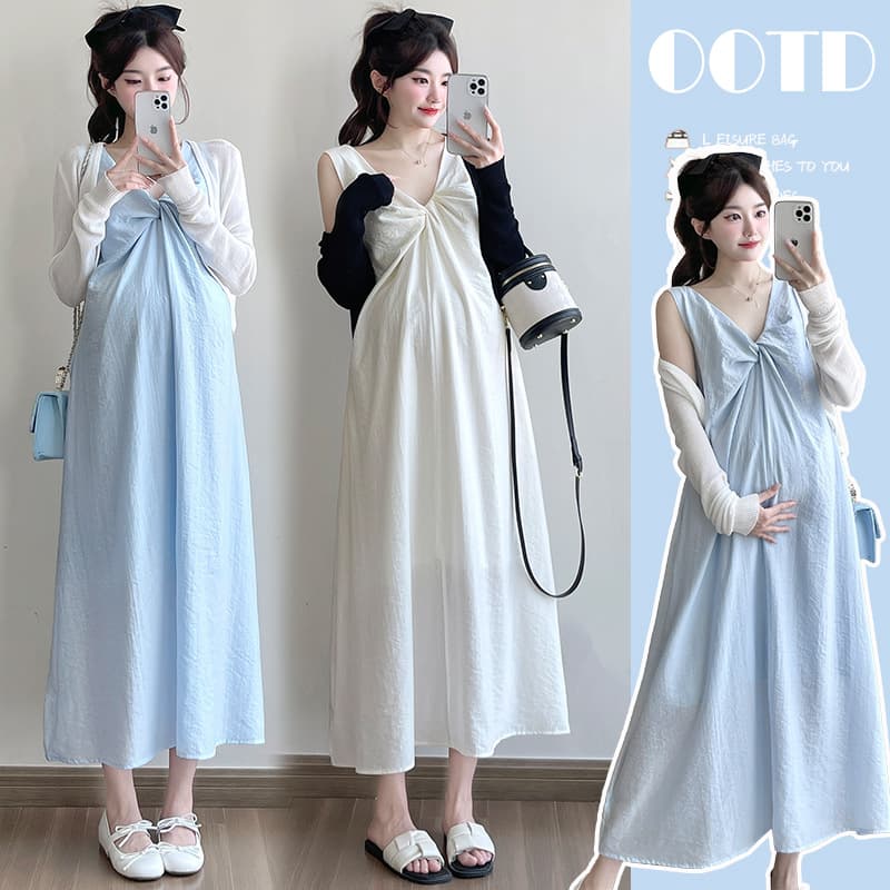 Maternity Dress Summer New Sweet Fashion V-Neck Twist Comfortable Loose Fit Plus Size Maternity Dress Two-Piece Set