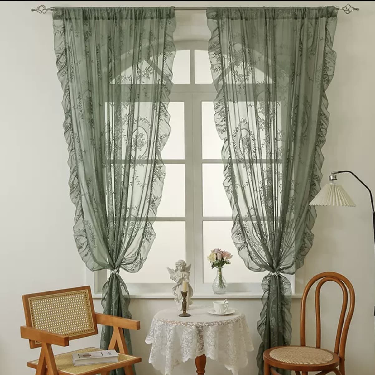 New Round Mirror Floral Semi-Sheer French Country Lace Curtain for Bedroom Living Room Window Voile Balcony Window Sheer Cross-Border