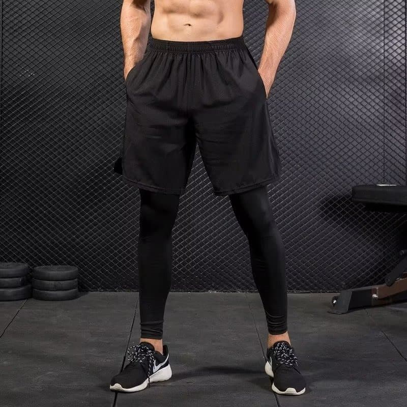 Men's Faux Two-Piece Cropped Leggings Stretch Athletic Pants Running Tights Training Pants Gym Quick-Dry Pants