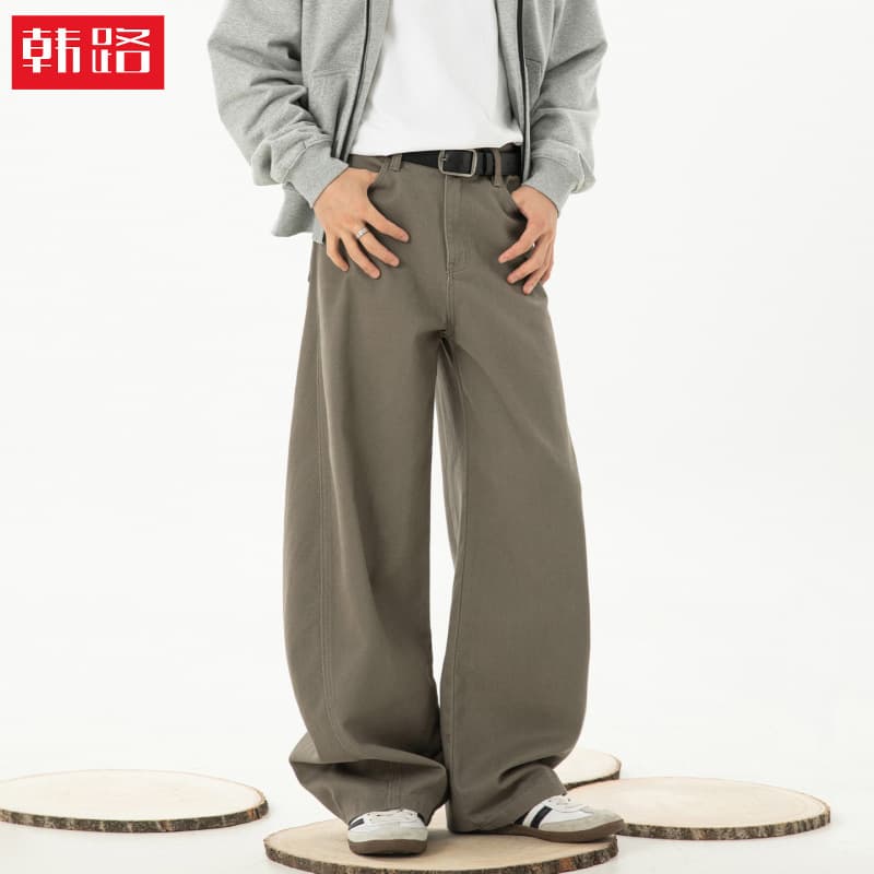 Vintage Texture Pure Cotton Curved Blade Pants Autumn New Straight Loose Split Design Streetwear Casual Trousers
