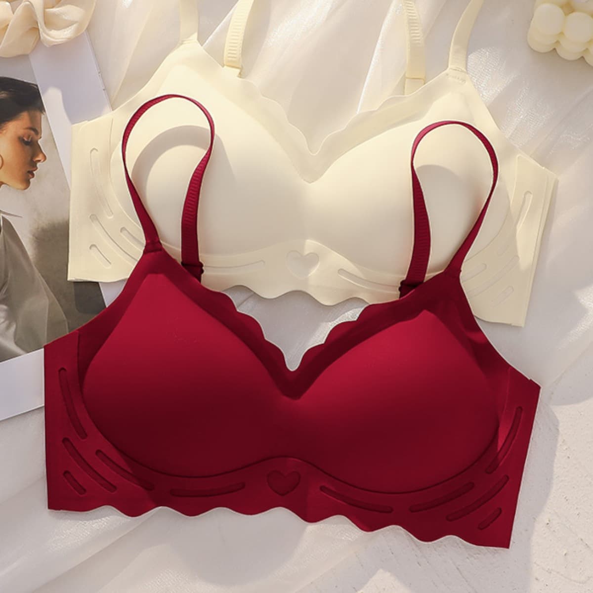 Red Bra for Women, Wedding Bride, Push-Up for Small Bust, Panty Set, Seamless, Side Boob Control, Rabbit Year, Zodiac
