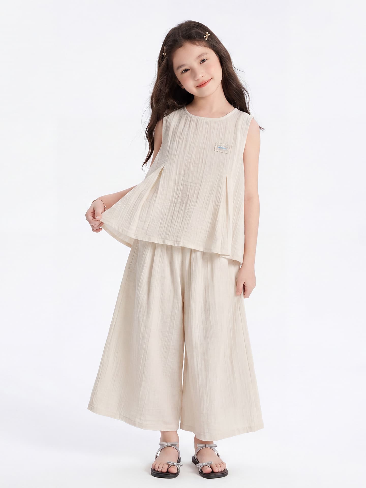 Girls summer sweet suit 2026 new style medium and large children's fashionable imitation cotton and linen wide-leg pants two-piece set cross-border children's clothing
