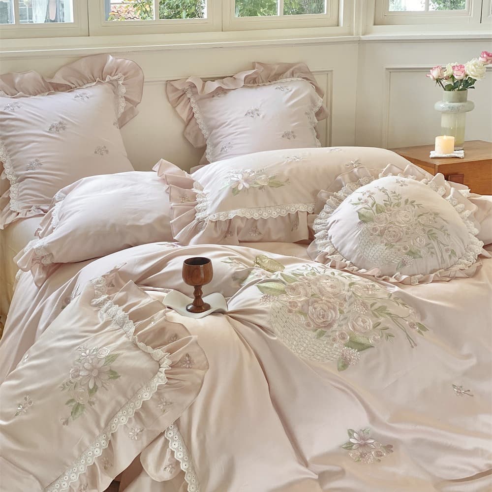 Lychee Rose︱Long-staple cotton French embroidery pure cotton four-piece princess girl lace bedding set