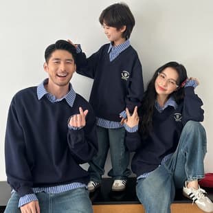Heavyweight American-Style Two-Layer Family Matching Hoodie, Autumn-Winter College Style Shirt Collar Top for 3-4 People, Trendy Outerwear