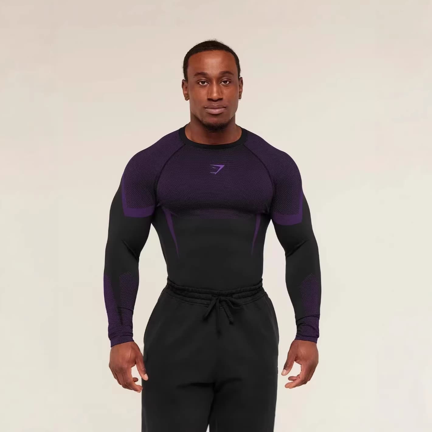 GYMSHARK/ONYX5 Men's Long-Sleeve Athletic Fitness Quick-Dry Breathable Stretch Crew Neck Compression Training Top