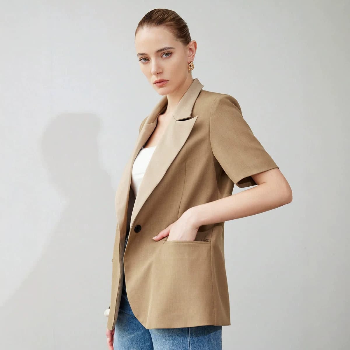 Small suit for women 2026 summer new style flat lapel three-quarter sleeves regular woven simple style cross-border women